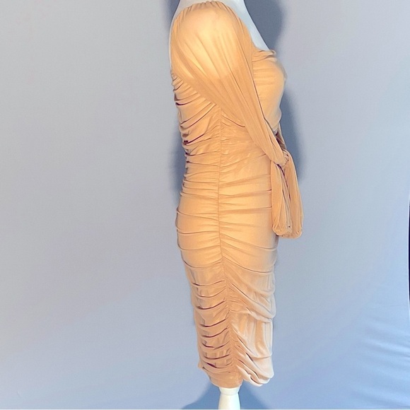 Fashion Sz Sm, Sheer Mesh, Nude, Ruched Long Sleeve Dress, Deep Square Neckline - Picture 13 of 16